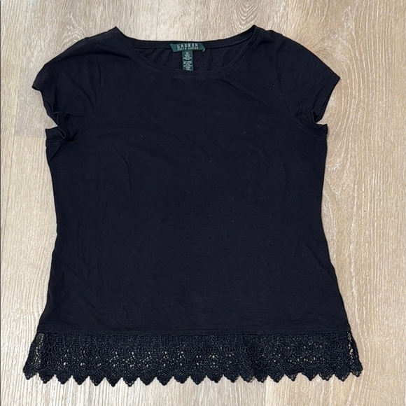 Ralph Lauren Black Cropped Cap Sleeve Embellished Tee - Picture 1 of 7